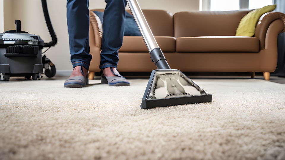 Professional carpet cleaner using advanced equipment to remove embedded dirt and debris.