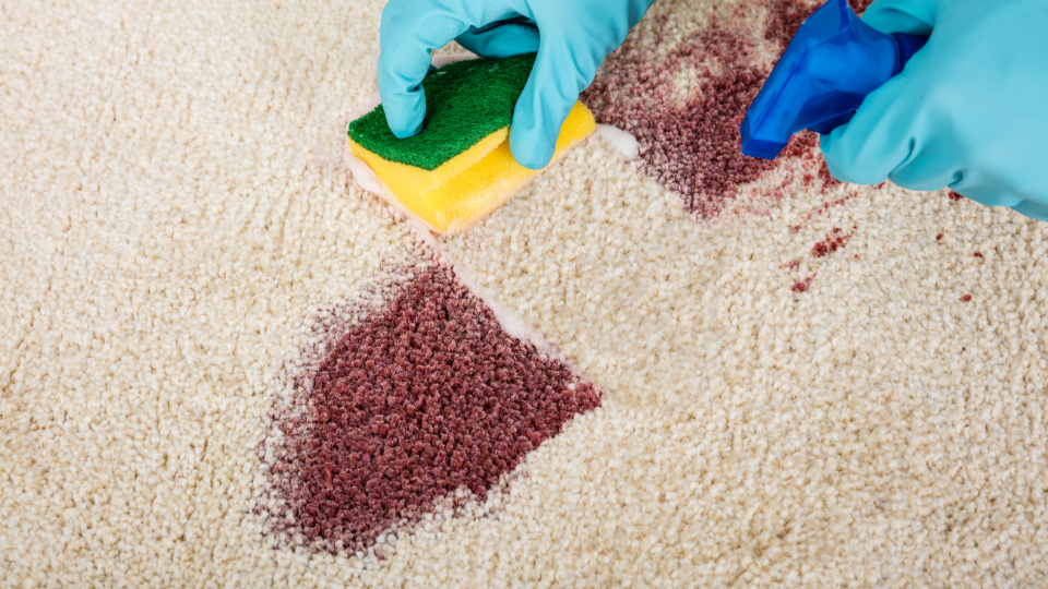Person blotting a red wine spill on a carpet to prevent staining.