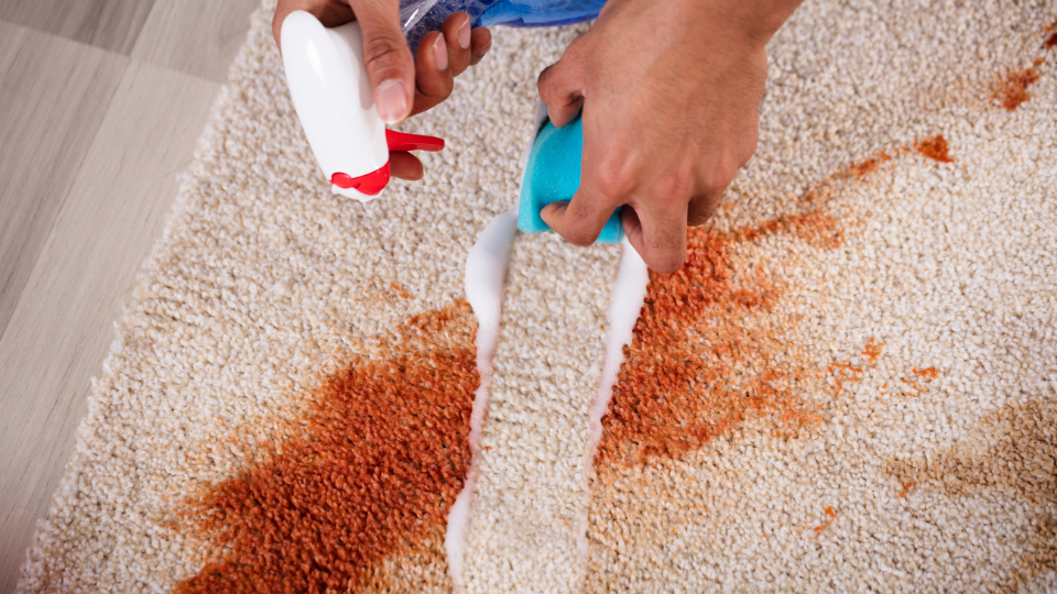 Person applying a DIY vinegar and dish soap solution to remove a carpet stain.